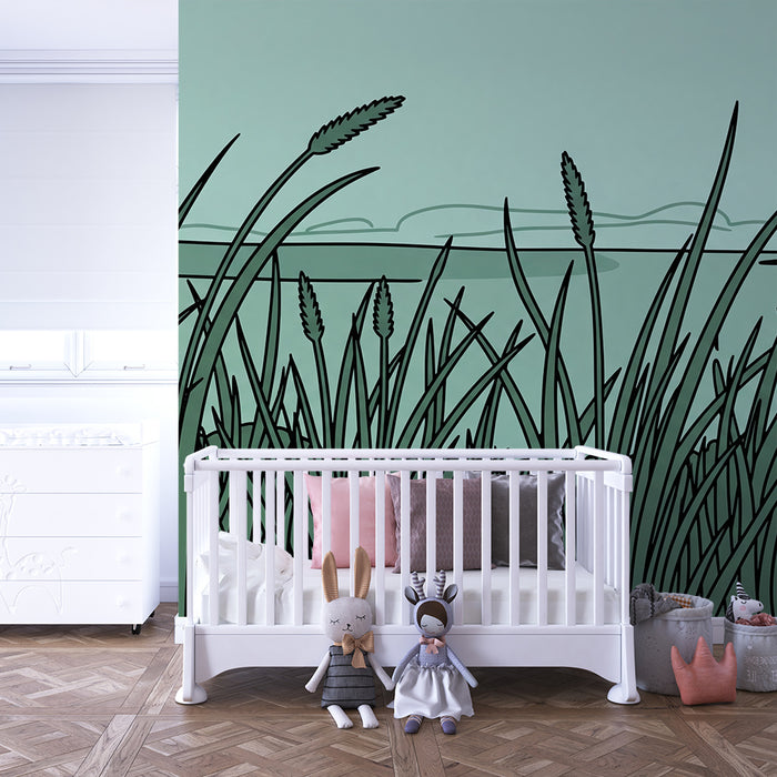 Barnetapet for barn | Rolig eng med gress og landskap