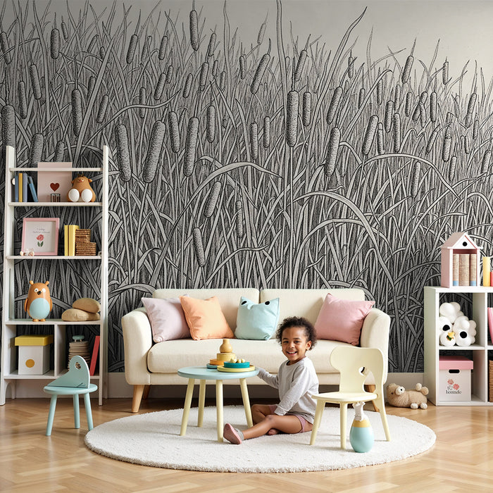 Papel pintado infantil | Campo de cañas y naturaleza serena en blanco y negro