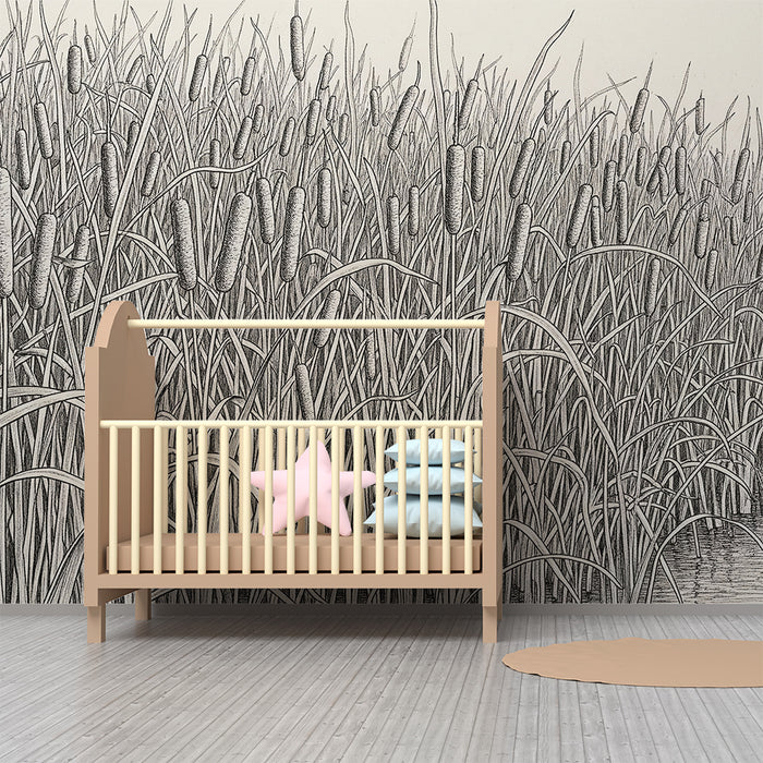 Papel pintado infantil | Campo de cañas y naturaleza serena en blanco y negro