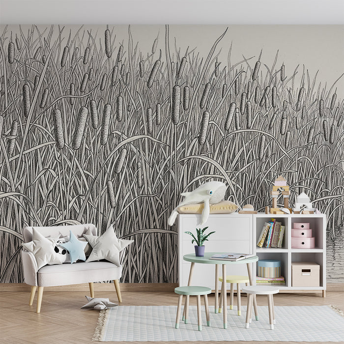 Papel pintado infantil | Campo de cañas y naturaleza serena en blanco y negro