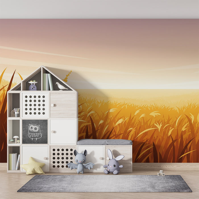 Papier peint chambre enfant | Champ doré au coucher de soleil
