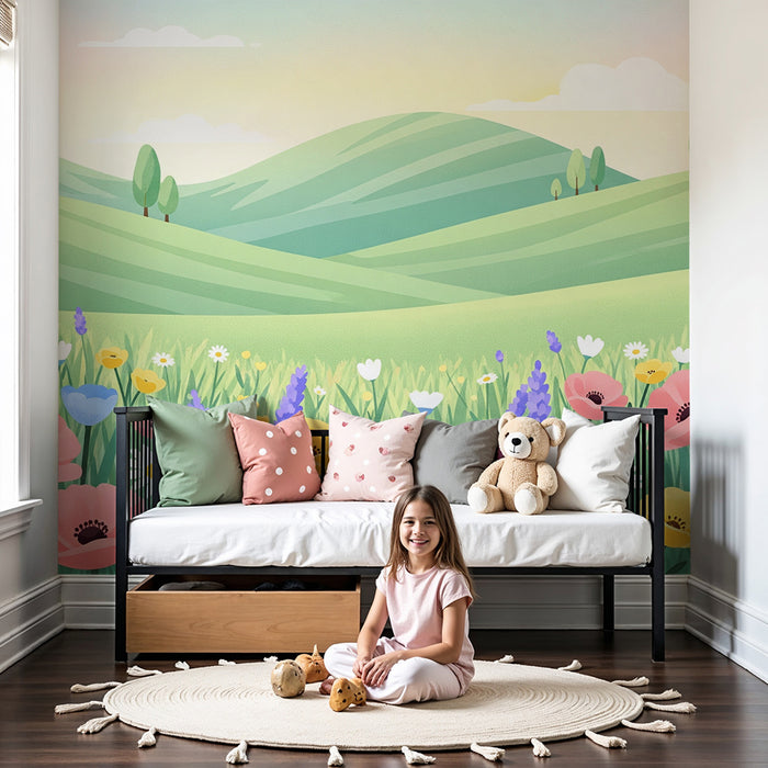 Kinderzimmer Tapete | Bunte Blumenwiese mit grünen Hügeln