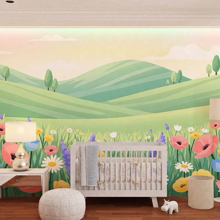Kinderzimmer Tapete | Bunte Blumenwiese mit grünen Hügeln