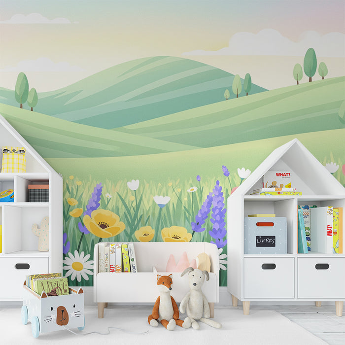 Kinderzimmer Tapete | Bunte Blumenwiese mit grünen Hügeln