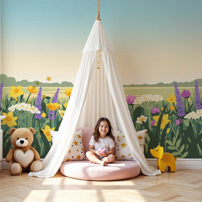 Kinderzimmer Tapete | Bunter Blumenwiesenmuster mit wilden Blumen und blauem Himmel