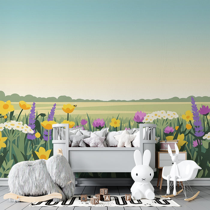 Kinderzimmer Tapete | Bunter Blumenwiesenmuster mit wilden Blumen und blauem Himmel