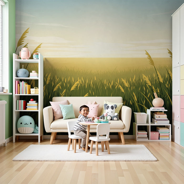 Papier peint chambre enfant | Champ verdoyant au lever du soleil