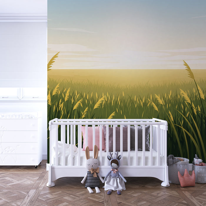 Papier peint chambre enfant | Champ verdoyant au lever du soleil