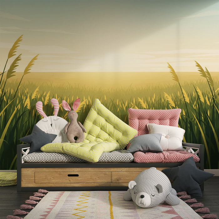 Papier peint chambre enfant | Champ verdoyant au lever du soleil