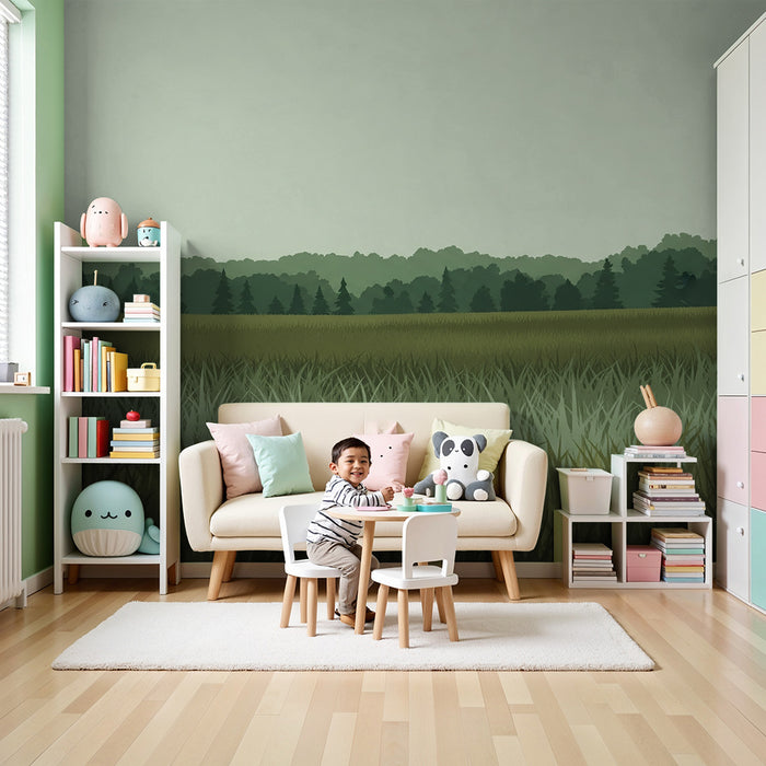 Kinderkamer behang | Groen veld en rustgevend bos