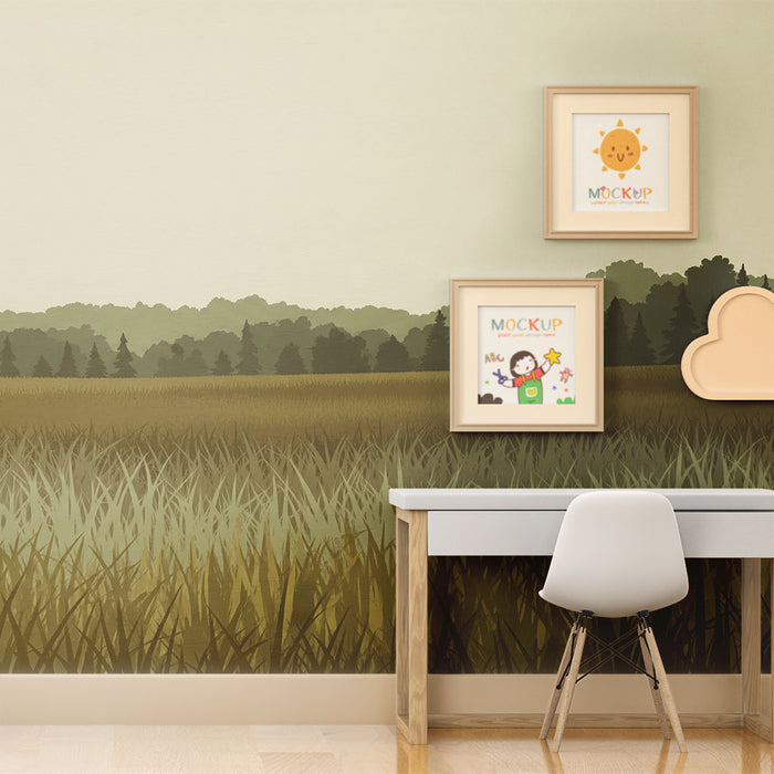 Kinderkamer behang | Groen veld en rustgevend bos