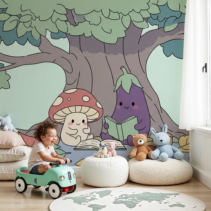 Kids' room wallpaper | Mushroom and eggplant reading under a tree