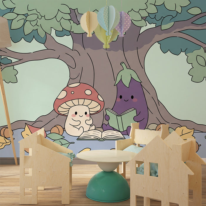 Kids' room wallpaper | Mushroom and eggplant reading under a tree