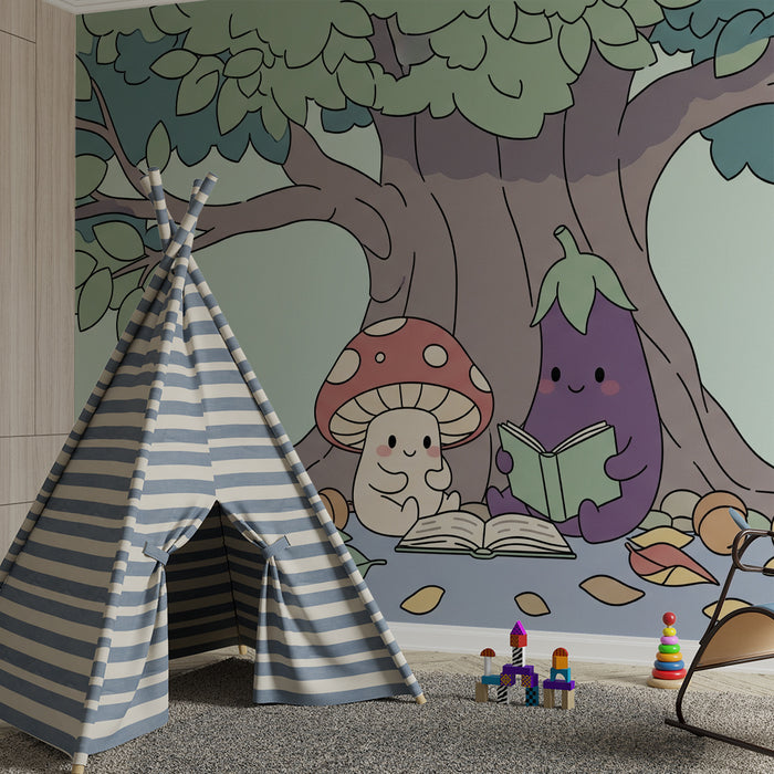 Kids' room wallpaper | Mushroom and eggplant reading under a tree