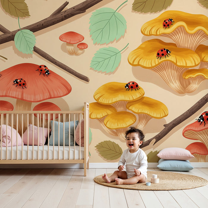 Kids' Room Wallpaper | Colorful Mushrooms and Ladybugs in a Natural Setting