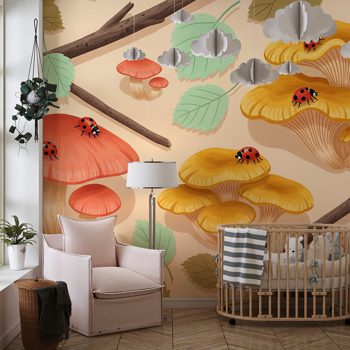Kids' Room Wallpaper | Colorful Mushrooms and Ladybugs in a Natural Setting