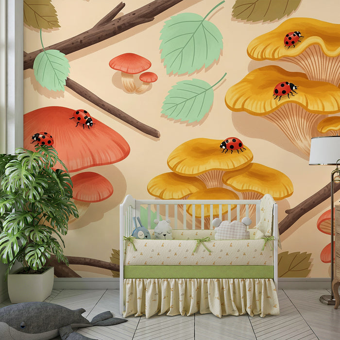 Kids' Room Wallpaper | Colorful Mushrooms and Ladybugs in a Natural Setting