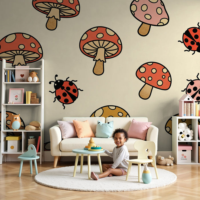 Kids' Room Wallpaper | Playful Colorful Mushrooms and Ladybugs on a Soft Background