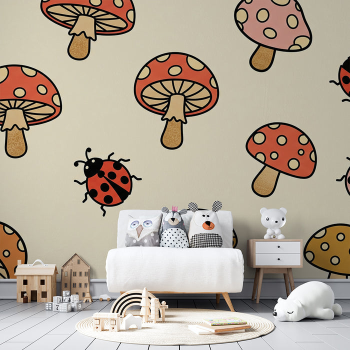 Kids' Room Wallpaper | Playful Colorful Mushrooms and Ladybugs on a Soft Background