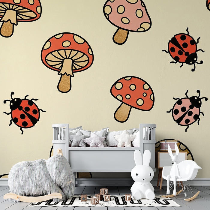 Kids' Room Wallpaper | Playful Colorful Mushrooms and Ladybugs on a Soft Background