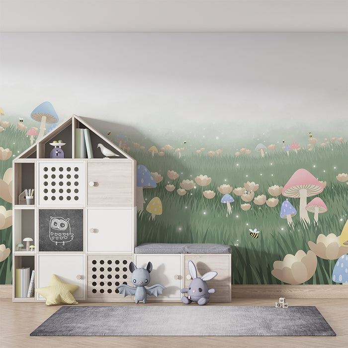 Tapet barnerom | Fargerike sopp og søte blomster