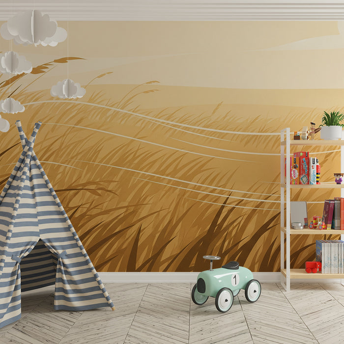 Papier peint chambre enfant | Champs de blé doré sous un ciel apaisant