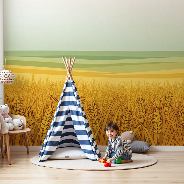 Papier peint chambre enfant | Champs de blé doré sous ciel paisible