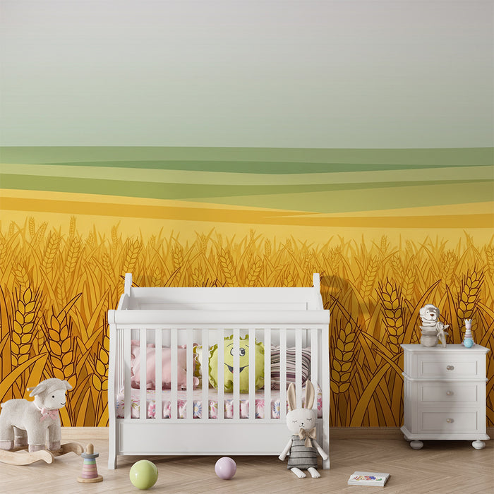 Papier peint chambre enfant | Champs de blé doré sous ciel paisible