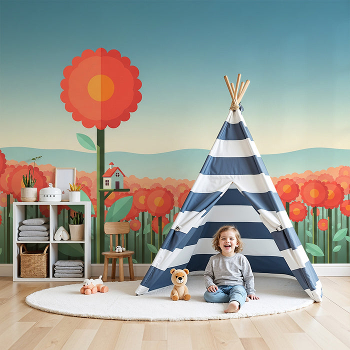 Behang kinderkamer | Kleurrijk bloemenveld met miniatuurhuisje