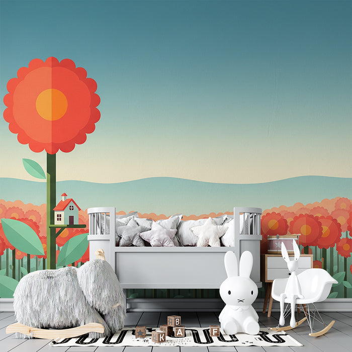 Behang kinderkamer | Kleurrijk bloemenveld met miniatuurhuisje