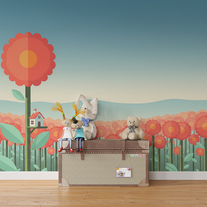 Behang kinderkamer | Kleurrijk bloemenveld met miniatuurhuisje