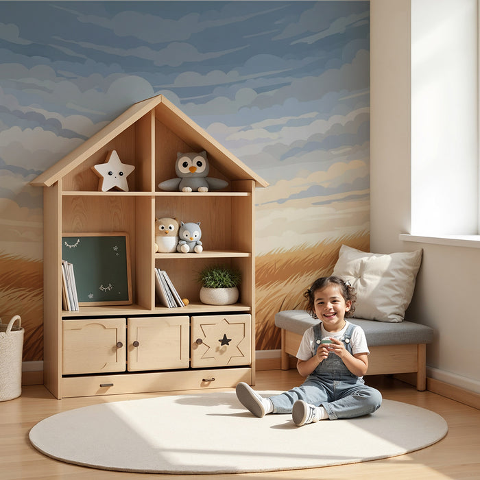 Kids room wallpaper | Golden fields under a cloudy sky