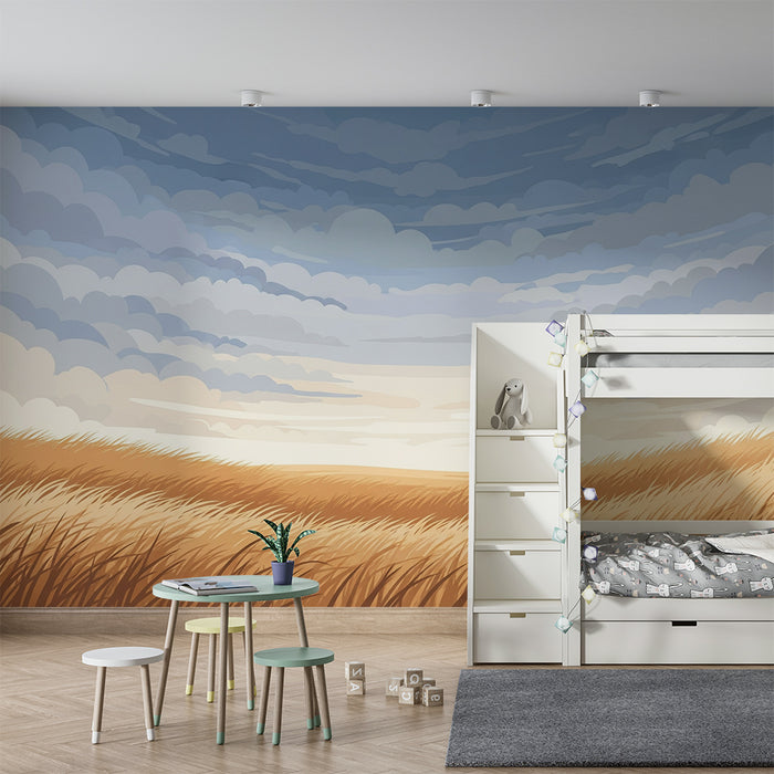 Kids room wallpaper | Golden fields under a cloudy sky