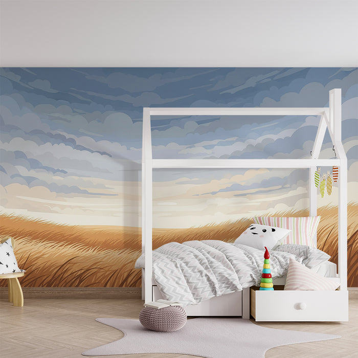 Kids room wallpaper | Golden fields under a cloudy sky