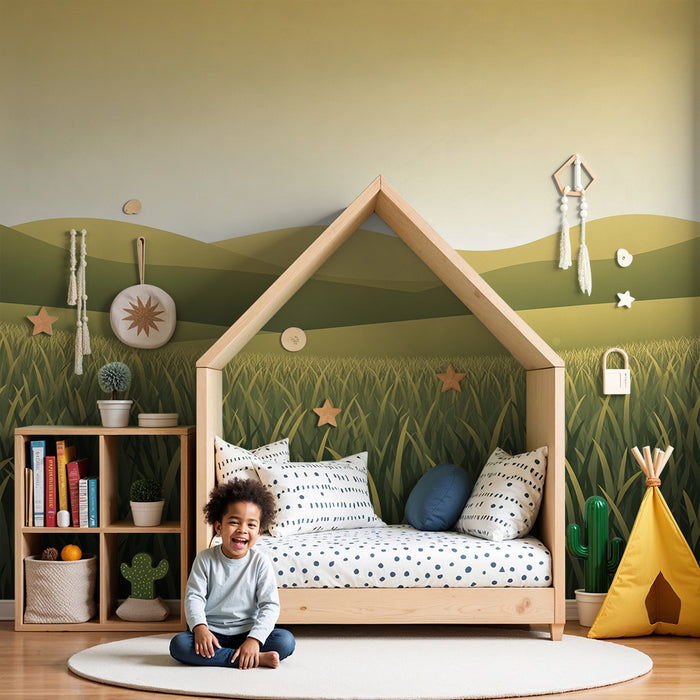 Papier peint chambre enfant | Champs verdoyants sous un ciel doré