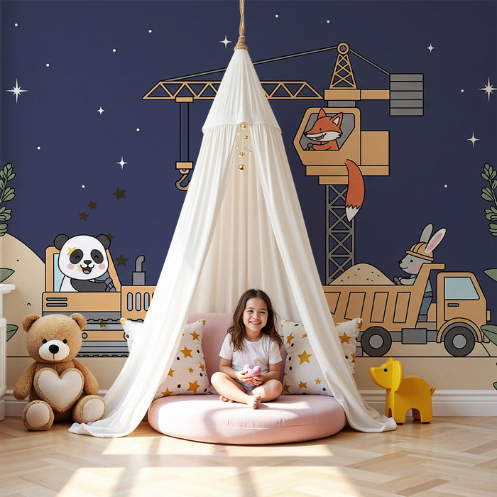 Kids room wallpaper | Fun construction site with animals on a midnight blue background