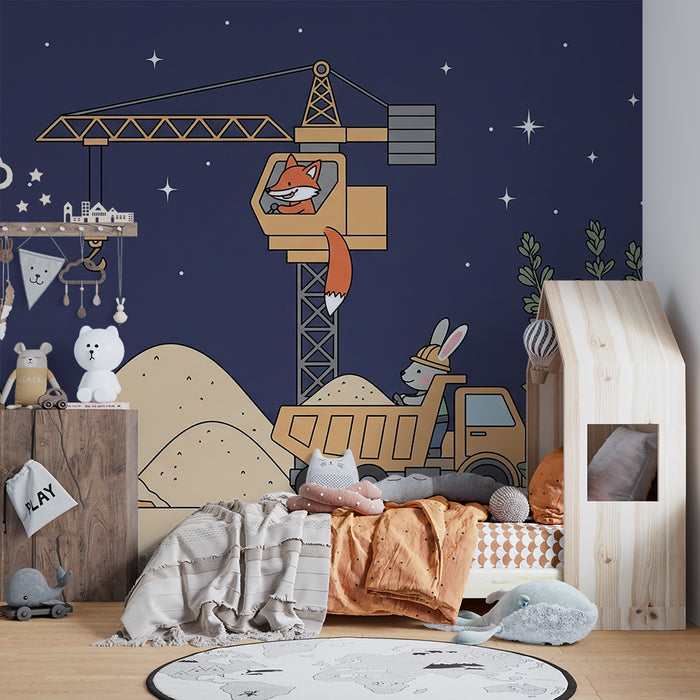 Kids room wallpaper | Fun construction site with animals on a midnight blue background