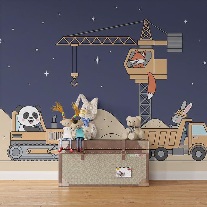 Kids room wallpaper | Fun construction site with animals on a midnight blue background