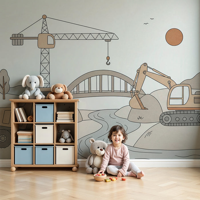 Papel de parede infantil | Estaleiro de obras com grua e escavadora