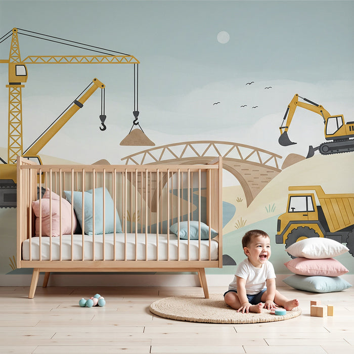 Kinderzimmer Tapete | Baustelle mit Kränen und Lastwagen