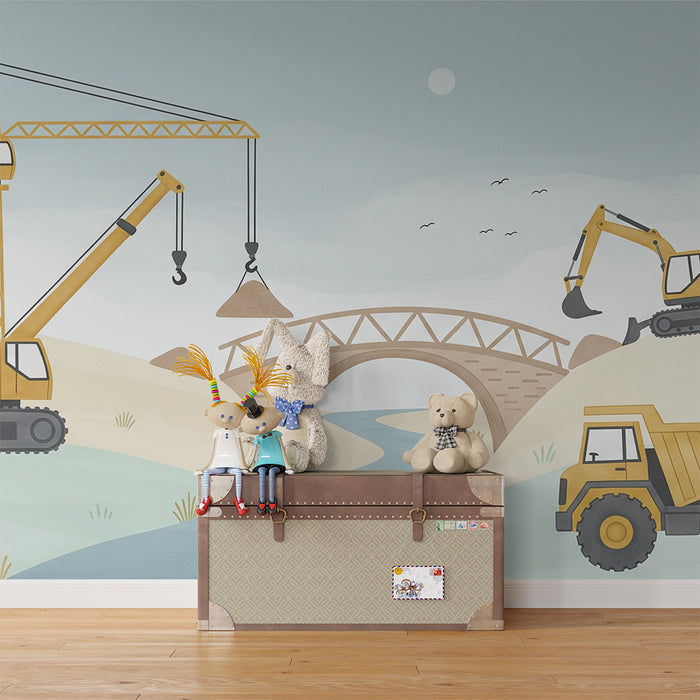 Kinderzimmer Tapete | Baustelle mit Kränen und Lastwagen