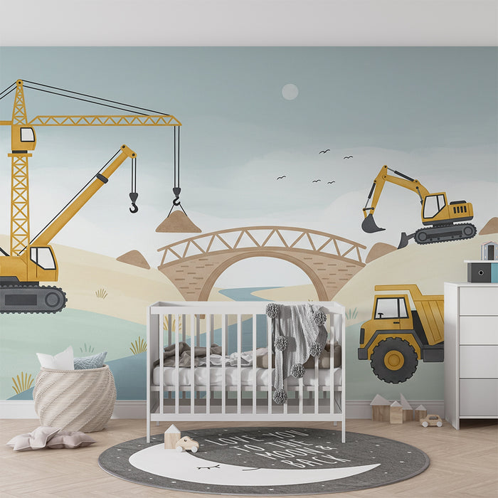 Kinderzimmer Tapete | Baustelle mit Kränen und Lastwagen