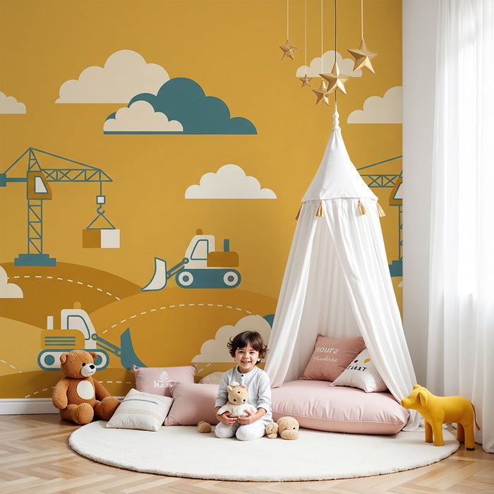 Papier peint chambre enfant | Chantier de construction avec grues et engins