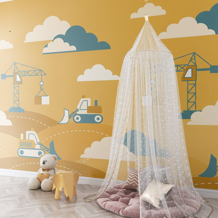 Papier peint chambre enfant | Chantier de construction avec grues et engins