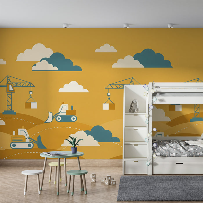 Papier peint chambre enfant | Chantier de construction avec grues et engins