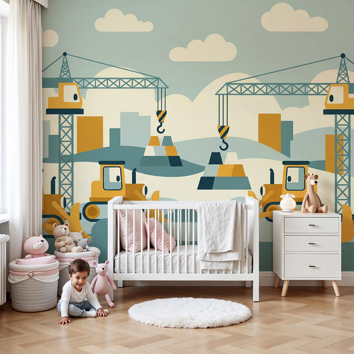 Papier peint chambre enfant | Chantier de construction coloré avec engins de chantier