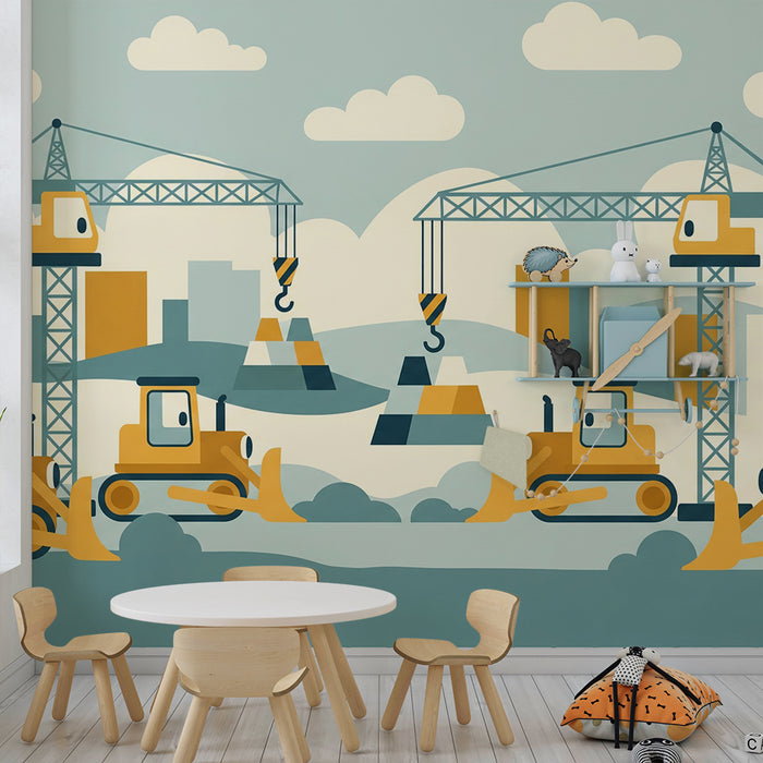 Papier peint chambre enfant | Chantier de construction coloré avec engins de chantier