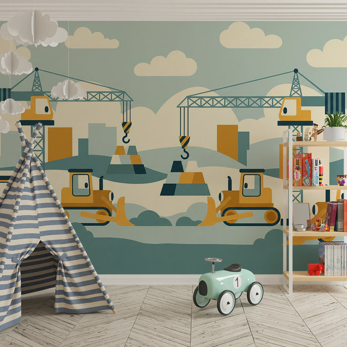 Papier peint chambre enfant | Chantier de construction coloré avec engins de chantier