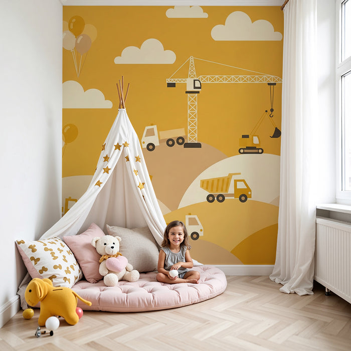 Papier peint chambre enfant | Chantier de construction joyeux avec camions et grues