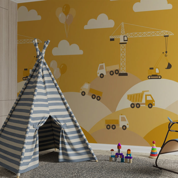Papier peint chambre enfant | Chantier de construction joyeux avec camions et grues